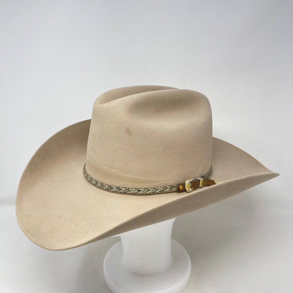 Vintage Wrangler Cowboy Hat 6X Sheepskin Leather Fawn Gold Horse Mens Size 7 1/4